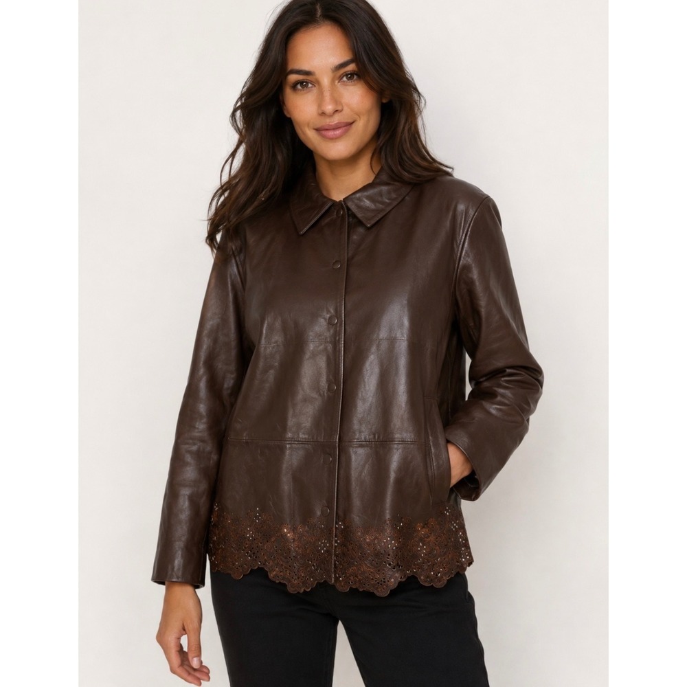 Denim & Co. Brown Leather Snap Button Perforated Lace Detail Jacket Size Large